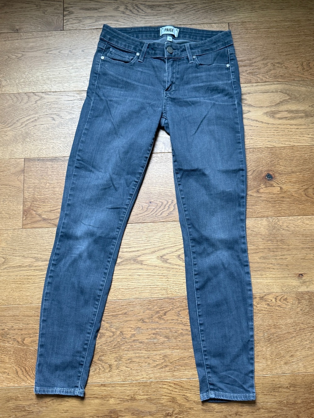 PAIGE Verdugo ankle skinny jeans dark gray wash.
